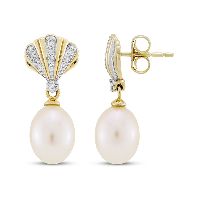 Main Image 3 of Cultured Pearl & Diamond Seashell Drop Earrings 1/10 ct tw 10K Yellow Gold