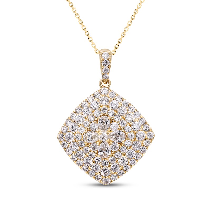 Main Image 1 of Pear-Shaped & Round-Cut Diamond Tilted Cushion Necklace 3-1/8 ct tw 14K Yellow Gold 18"