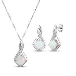 Cushion-Cut Lab-Created Opal & White Lab-Created Sapphire Necklace & Earrings Gift Set Sterling Silver