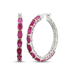 Oval-Cut Lab-Created Ruby Hoop Earrings Sterling Silver