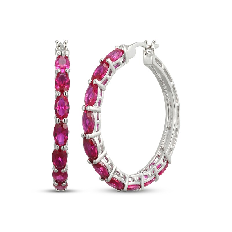 Main Image 1 of Oval-Cut Lab-Created Ruby Hoop Earrings Sterling Silver