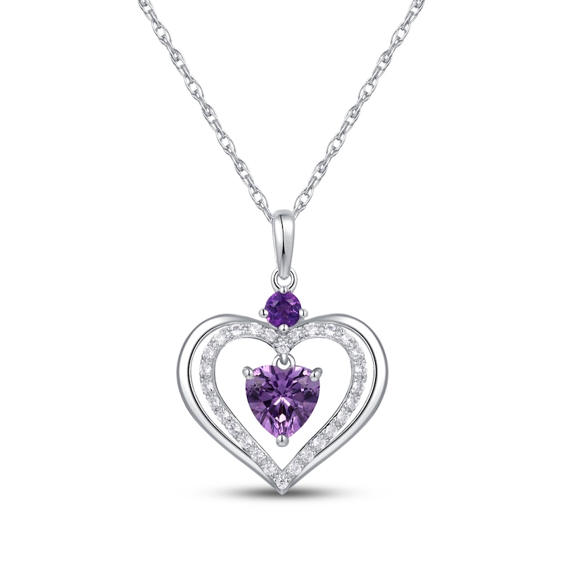 Main Image 1 of Heart-Shaped Amethyst & White Lab-Created Sapphire Necklace Sterling Silver 18"