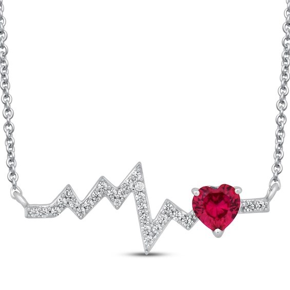 Heart-Shaped Lab-Created Ruby & White Lab-Created Sapphire Heartbeat Necklace Sterling Silver 18"