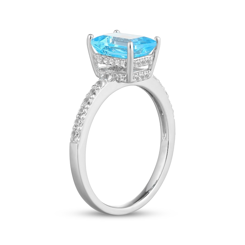 Main Image 2 of Emerald-Cut Swiss Blue Topaz & White Lab-Created Sapphire Hidden Halo Ring Sterling Silver