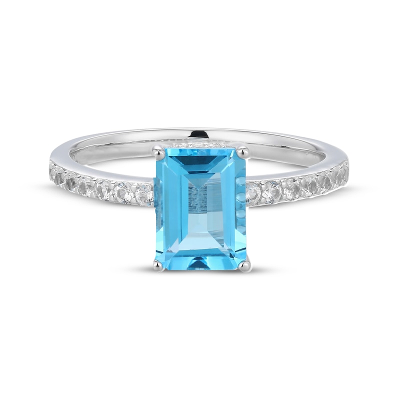 Main Image 3 of Emerald-Cut Swiss Blue Topaz & White Lab-Created Sapphire Hidden Halo Ring Sterling Silver