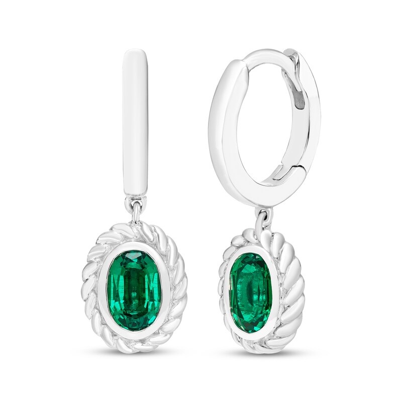 Main Image 1 of Oval-Cut Lab-Created Emerald Solitaire Twist Frame Dangle Hoop Earrings Sterling Silver