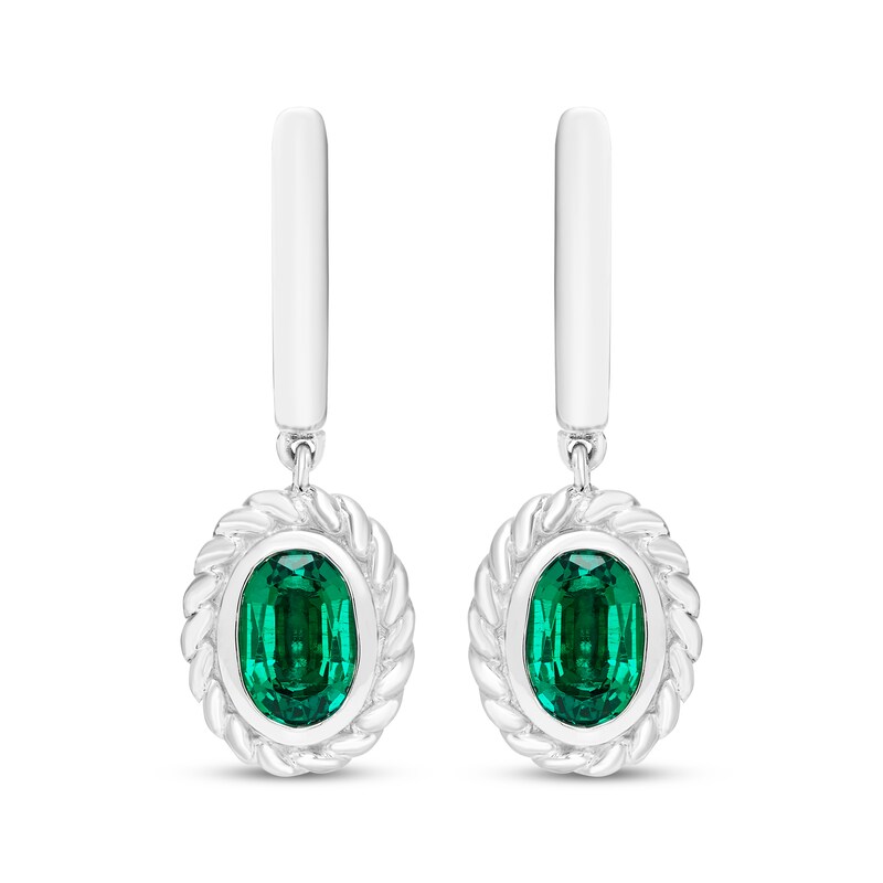 Main Image 2 of Oval-Cut Lab-Created Emerald Solitaire Twist Frame Dangle Hoop Earrings Sterling Silver