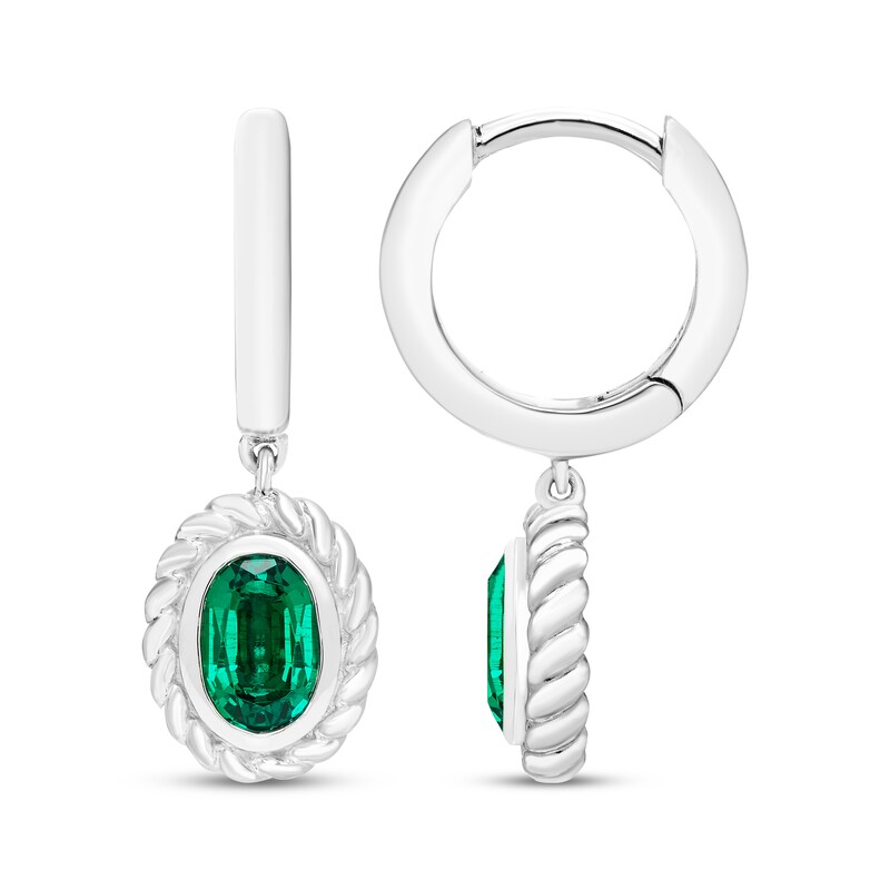Main Image 3 of Oval-Cut Lab-Created Emerald Solitaire Twist Frame Dangle Hoop Earrings Sterling Silver