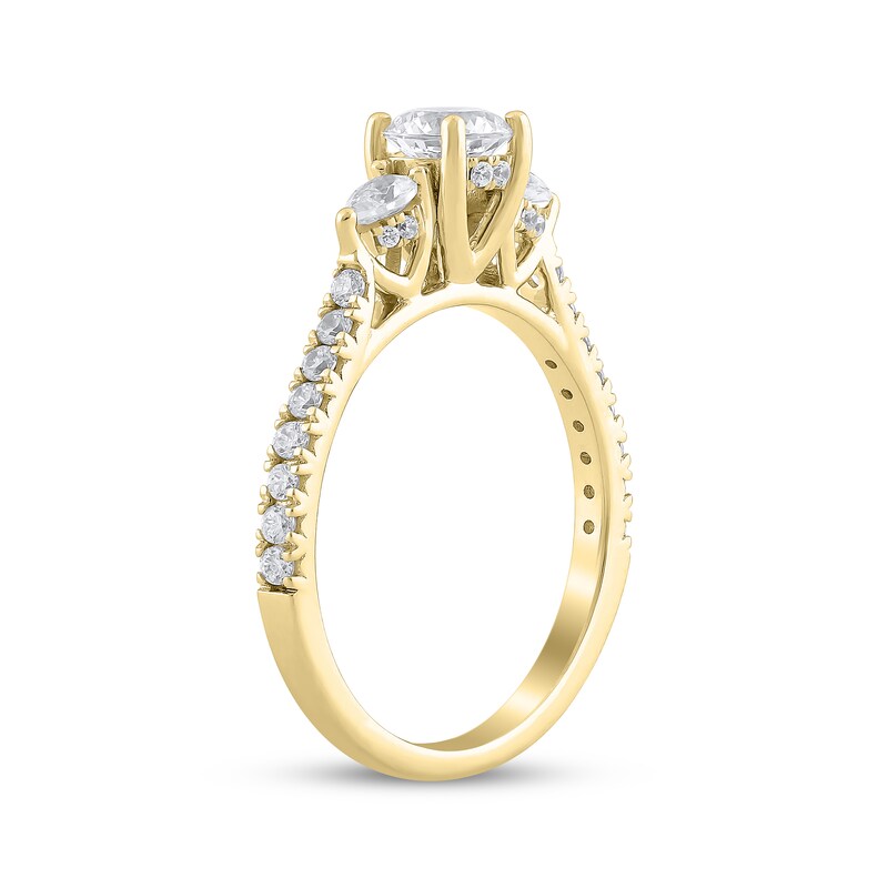 Main Image 2 of Memories Moments Magic Certified Round-Cut & Pear-Shaped Diamond Three-Stone Engagement Ring 1 ct tw 18K Yellow Gold