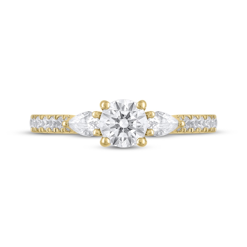 Main Image 3 of Memories Moments Magic Certified Round-Cut & Pear-Shaped Diamond Three-Stone Engagement Ring 1 ct tw 18K Yellow Gold