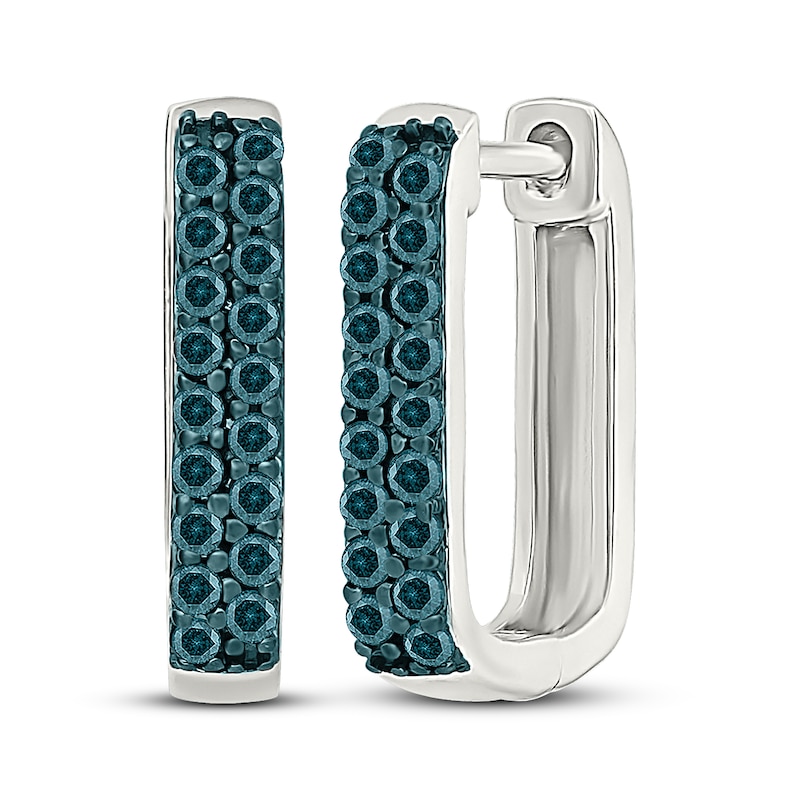 Main Image 1 of Blue Diamond Angled Hoop Earrings 1/3 ct tw Sterling Silver