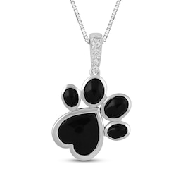 Black Onyx & White Lab-Created Sapphire Heart Paw Print Necklace Sterling Silver 18"