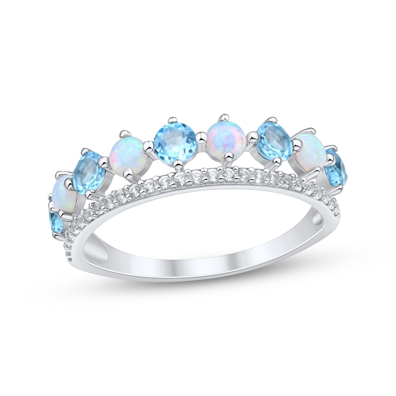 Main Image 1 of Lab-Created Opal, Blue Topaz & White Lab-Created Sapphire Two-Row Ring Sterling Silver