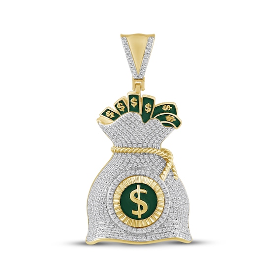 Men's Diamond & Green Enamel Money Bag Charm 1 ct tw 10K Yellow Gold