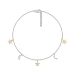 Diamond Moon & Star Dangle Anklet 1/15 ct tw Sterling Silver & 10K Yellow Gold 10"