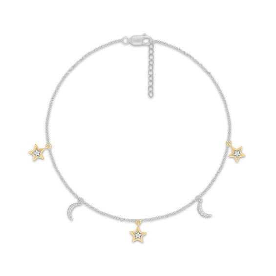 Diamond Moon & Star Dangle Anklet 1/15 ct tw Sterling Silver & 10K Yellow Gold 10"