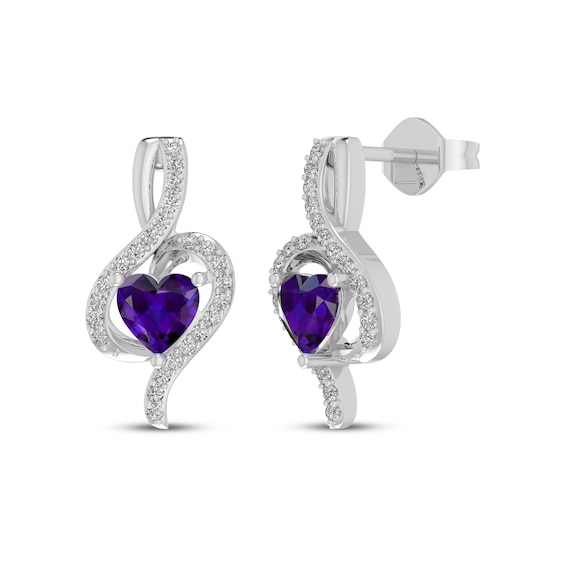 Heart-Shaped Amethyst & White Lab-Created Sapphire Drop Earrings Sterling Silver