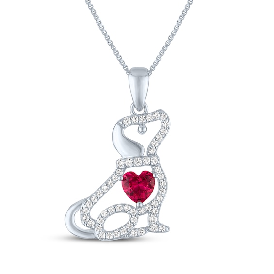 Heart-Shaped Lab-Created Ruby & White Lab-Created Sapphire Puppy Necklace Sterling Silver 18"