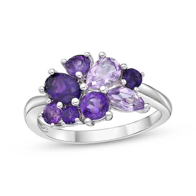 Multi-Shades Amethyst Cluster Ring Sterling Silver