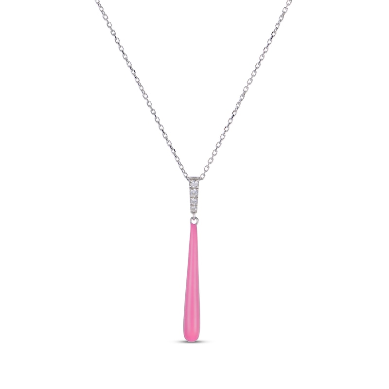White Lab-Created Sapphire & Pink Enamel Drop Necklace Sterling Silver 18"