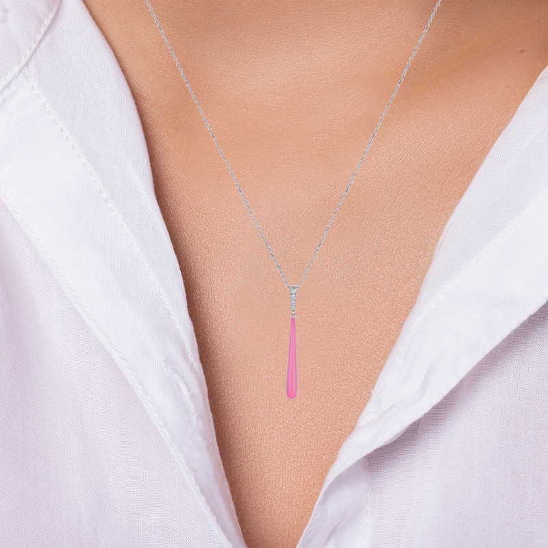 White Lab-Created Sapphire & Pink Enamel Drop Necklace Sterling Silver 18"