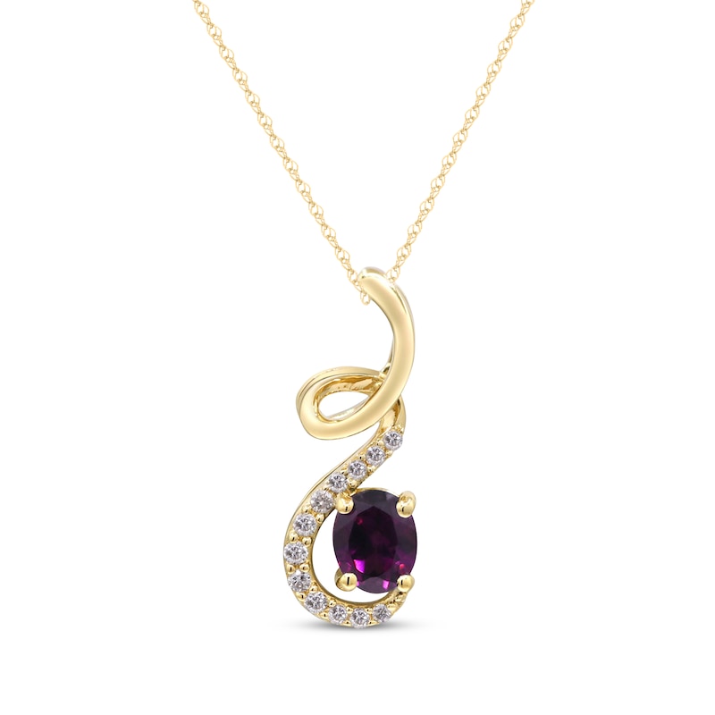 Main Image 1 of Oval-Cut Rhodolite Garnet & Diamond Ribbon Necklace 1/20 ct tw 10K Yellow Gold 18"