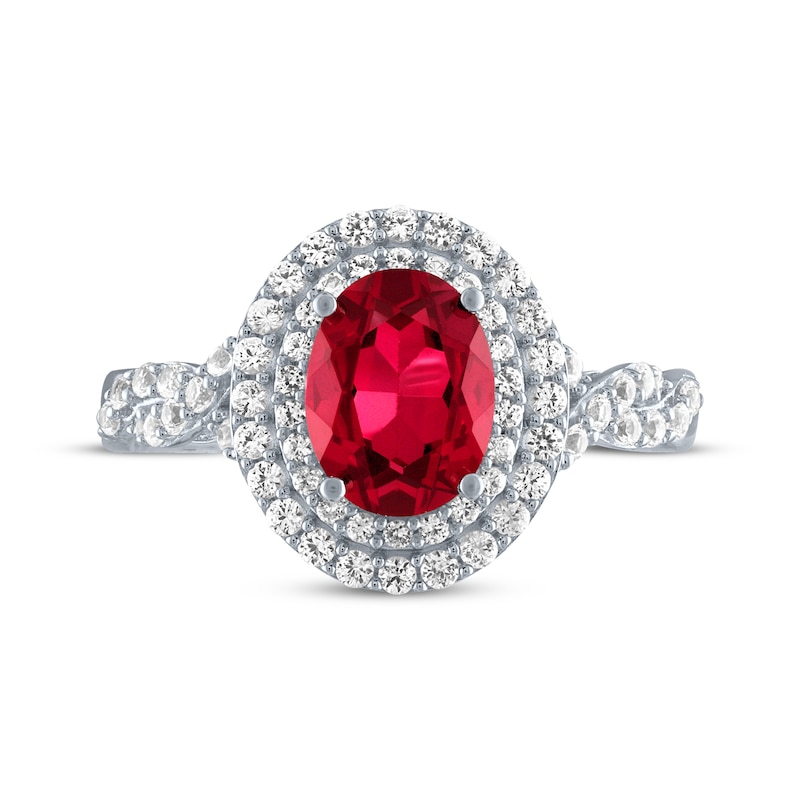 Main Image 3 of Oval-Cut Lab-Created Ruby & White Lab-Created Sapphire Twist Shank Ring Sterling Silver
