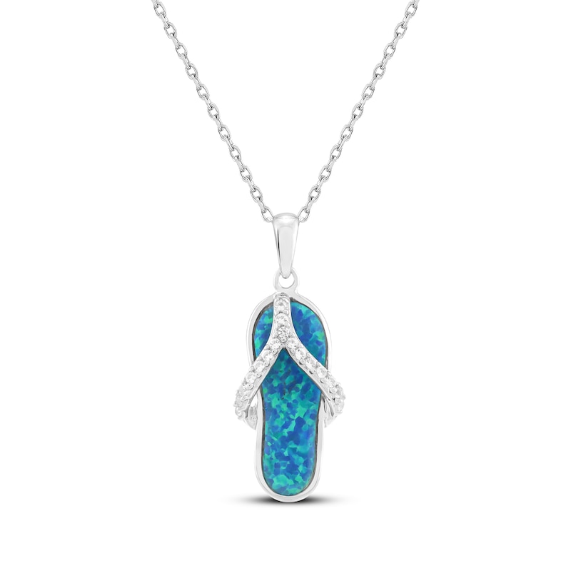 Main Image 1 of Blue-Green Lab-Created Opal & White Lab-Created Sapphire Flip Flop Necklace Sterling Silver 18"