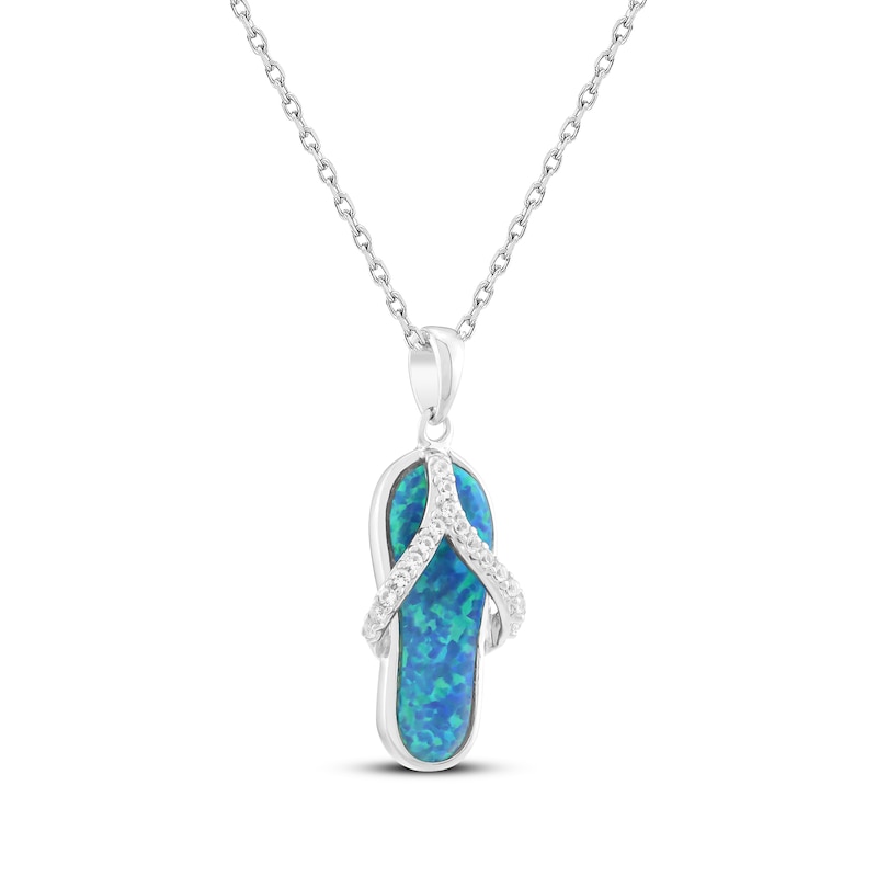 Main Image 2 of Blue-Green Lab-Created Opal & White Lab-Created Sapphire Flip Flop Necklace Sterling Silver 18"