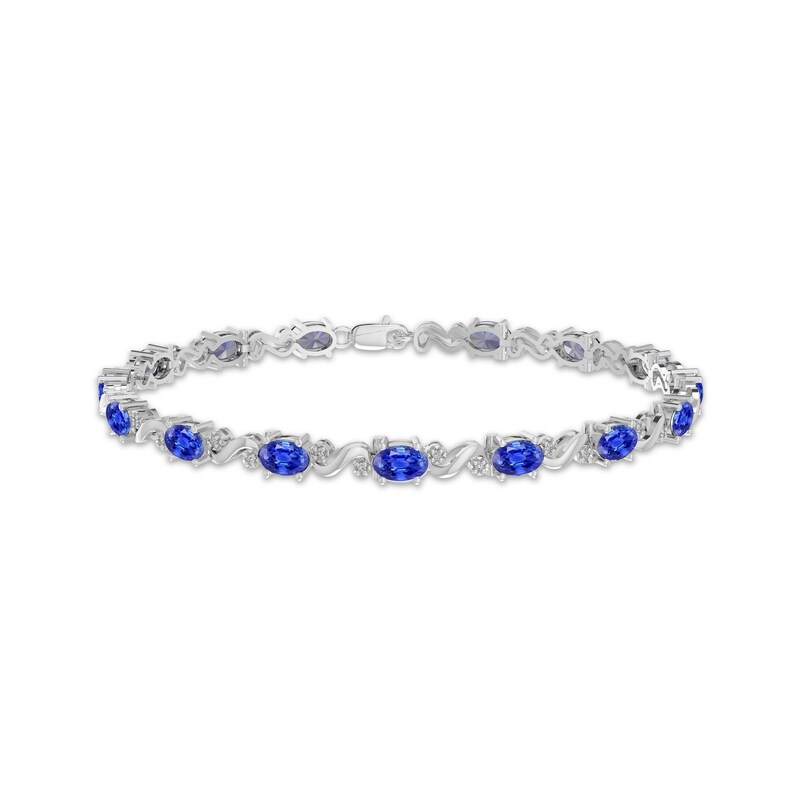 Main Image 1 of Oval-Cut Blue Lab-Created Sapphire & Diamond Accent Bracelet Sterling Silver 7.25"