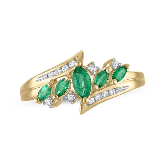 Marquise-Cut Emerald & Diamond Bypass Ring 1/10 ct tw 14K Yellow Gold