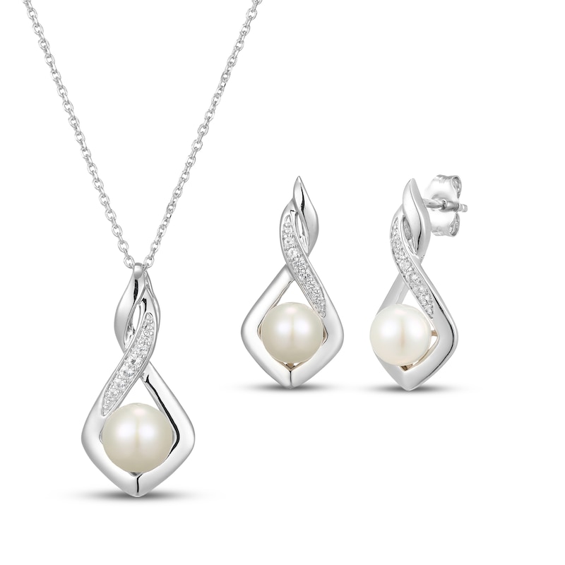 Main Image 1 of Cultured Pearl & White Lab-Created Sapphire Necklace & Earrings Gift Set Sterling Silver