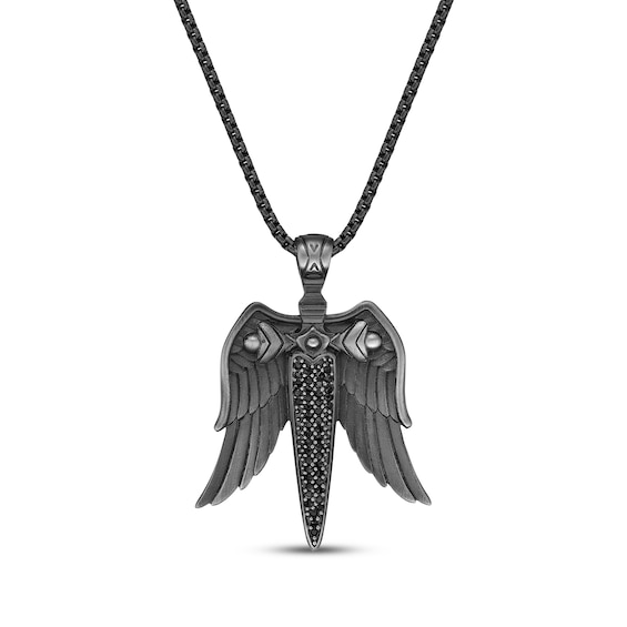 Men's Black Cubic Zirconia Sword & Wings Necklace Black Ion-Plated Stainless Steel 24"