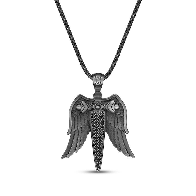 Main Image 1 of Men's Black Cubic Zirconia Sword & Wings Necklace Black Ion-Plated Stainless Steel 24"