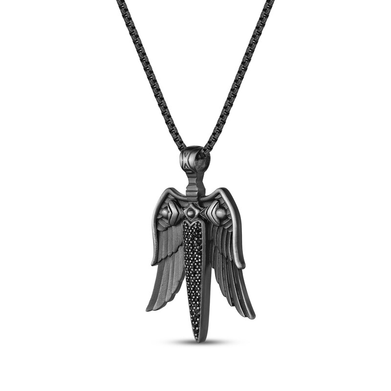 Main Image 2 of Men's Black Cubic Zirconia Sword & Wings Necklace Black Ion-Plated Stainless Steel 24"