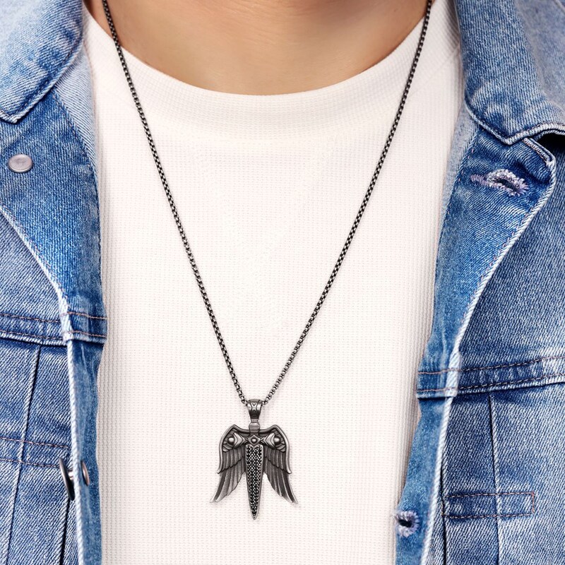 Main Image 4 of Men's Black Cubic Zirconia Sword & Wings Necklace Black Ion-Plated Stainless Steel 24"