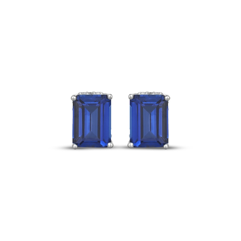 Main Image 2 of Emerald-Cut Blue Lab-Created Sapphire & White Lab-Created Sapphire Hidden Halo Stud Earrings Sterling Silver