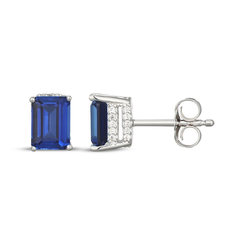 Main Image 3 of Emerald-Cut Blue Lab-Created Sapphire & White Lab-Created Sapphire Hidden Halo Stud Earrings Sterling Silver