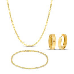 Curb Chain Necklace, Hoop Earrings & Curb Chain Bracelet Gift Set 14K Yellow Gold