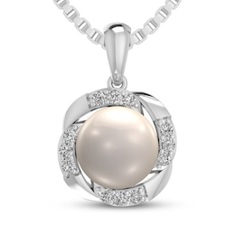 Cultured Pearl & White Lab-Created Sapphire Necklace Sterling Silver 18"
