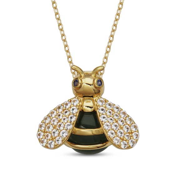 Nephrite Jade & Lab-Created Sapphire Bee Necklace 18K Yellow Gold-Plated Sterling Silver 18"