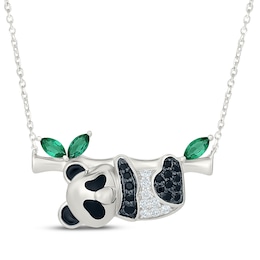 Black Onyx, Lab-Created Emerald & White Lab-Created Sapphire Panda Necklace Sterling Silver 18"