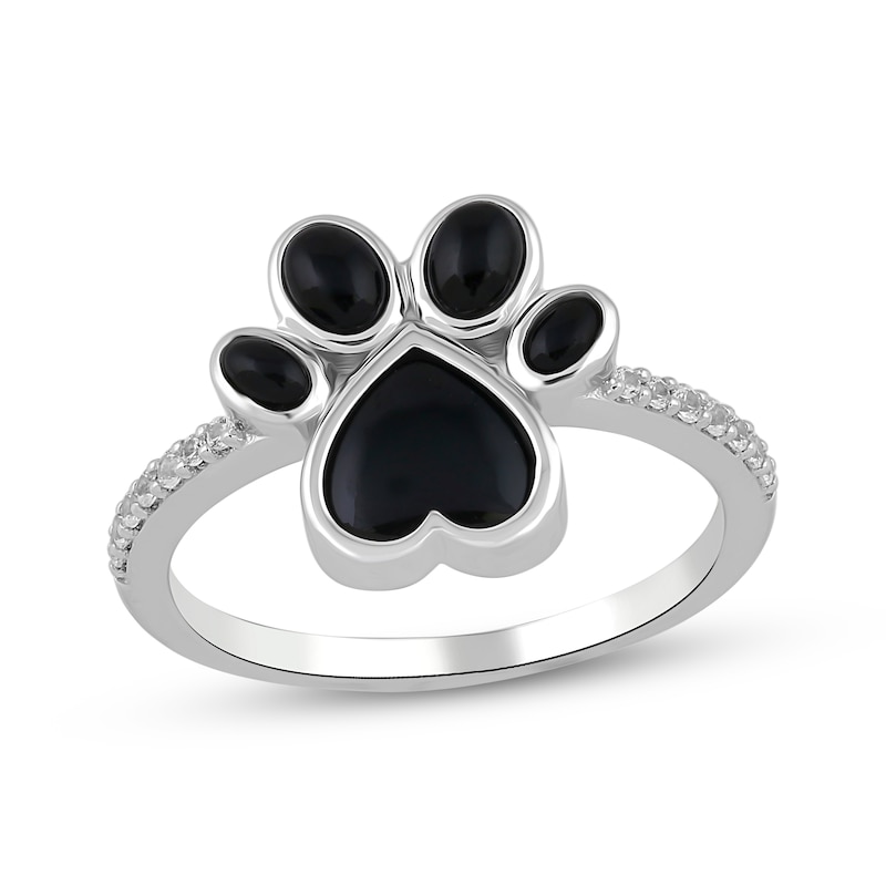 Main Image 1 of Black Onyx & White Lab-Created Sapphire Heart Paw Print Ring Sterling Silver