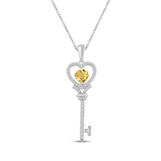 Heart-Shaped Citrine & White Lab-Created Sapphire Key Necklace Sterling Silver 18"