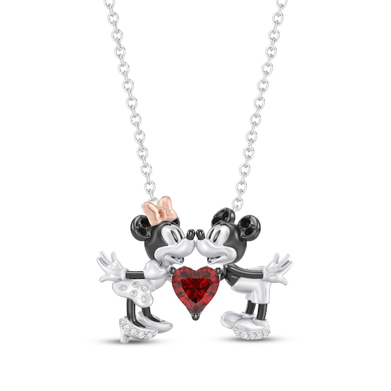 Disney Treasures Mickey & Minnie Mouse Heart-Shaped Garnet & Diamond Necklace 1/10 ct tw Sterling Silver & 10K Rose Gold 18"