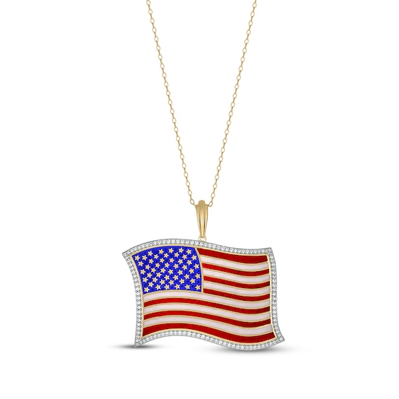Diamond & Enamel American Flag Necklace 1/2 ct tw 24K Yellow Gold Vermeil Sterling Silver 18"