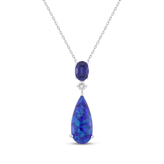 Pear-Shaped Black Lab-Created Opal, Blue & White Lab-Created Sapphire Necklace Sterling Silver 18"
