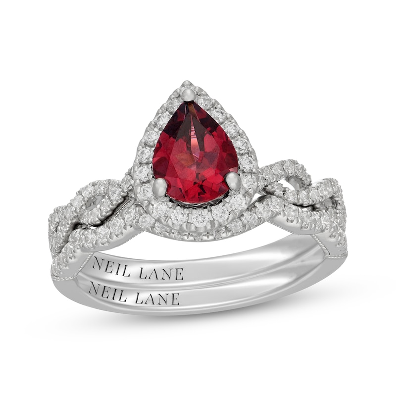 Main Image 1 of Neil Lane Pear-Shaped Rhodolite Garnet & Diamond Halo Bridal Set 1/2 ct tw Diamonds 14K White Gold