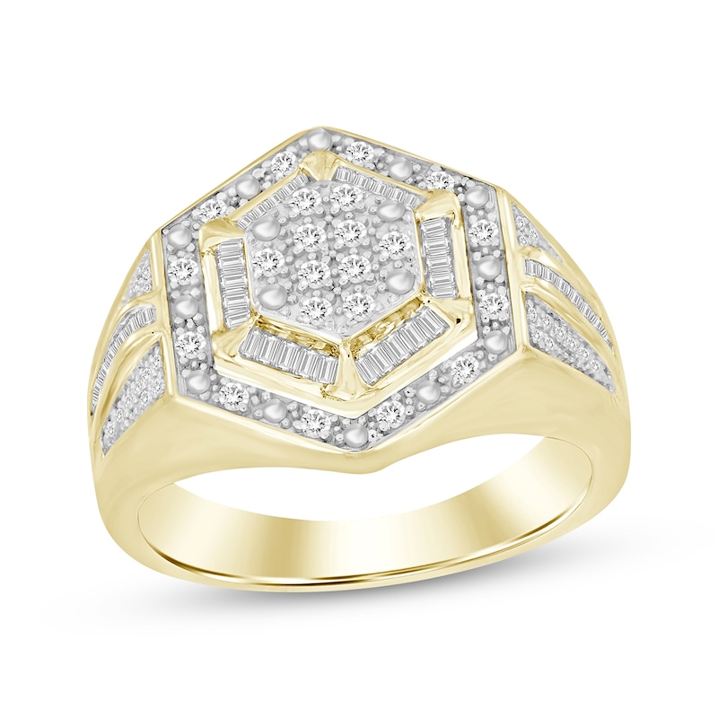 Main Image 1 of Men's Multi-Diamond Center Hexagon Halo Ring 1/2 ct tw 10K Yellow Gold