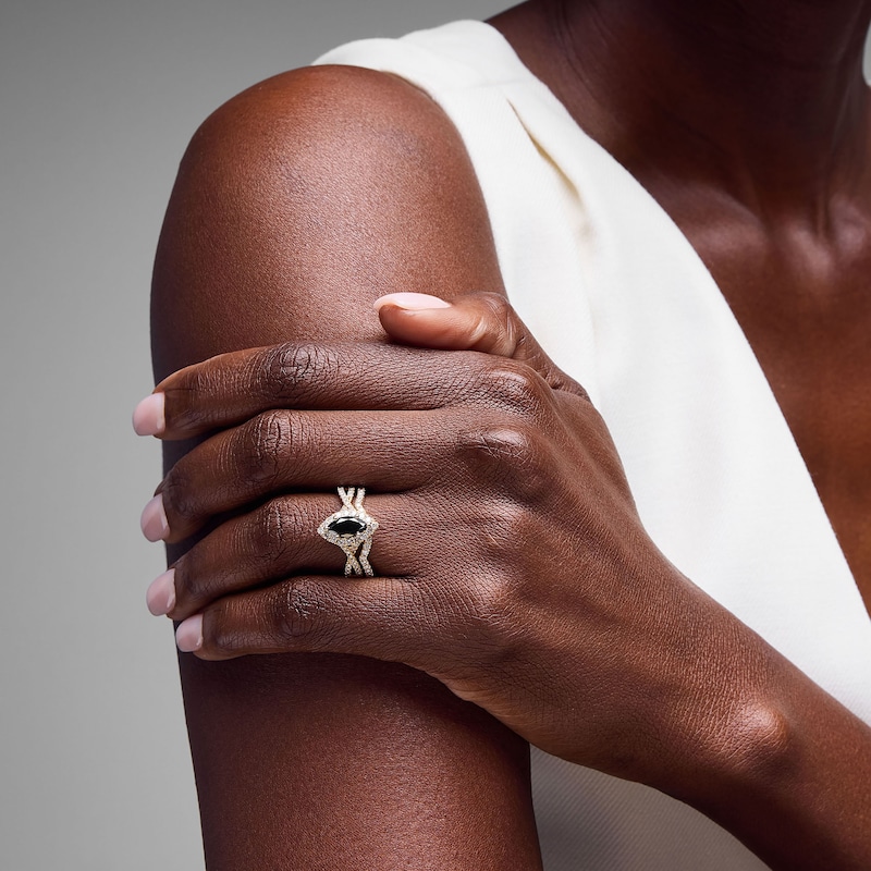 Main Image 4 of Neil Lane Marquise-Cut Black Diamond & White Diamond Halo Bridal Set 1-3/8 ct tw 14K Yellow Gold